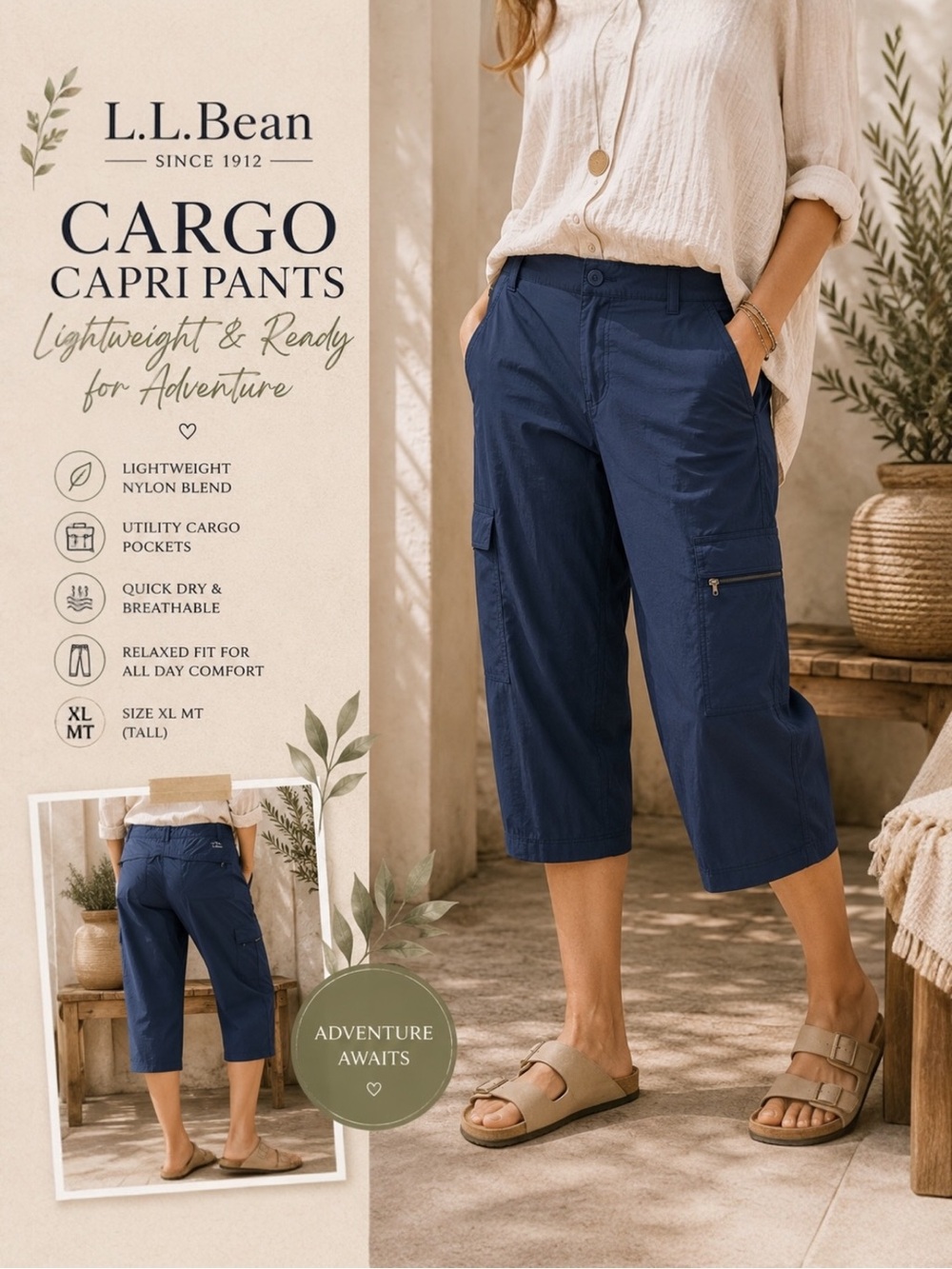 L.L.Bean Women’s XL MT Navy Cargo Capri Pants Lightweight Nylon Hiking Outdoor